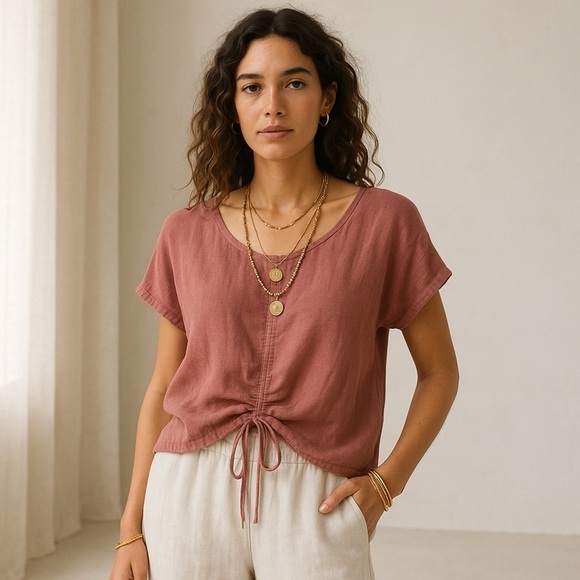 Oh My Gauze Ana Blouse Size 1 Pink Cotton Gauze Ruched Hem Top - Picture 7 of 7